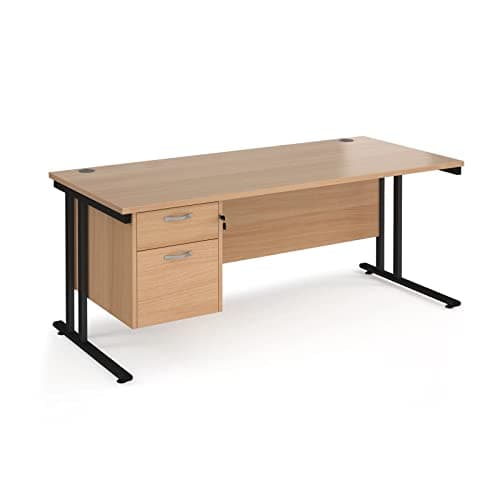 Image of Maestro 25 Rectangle Desk 800 mm Deep with Single 2 Drawer Fixed Pedestal & Black Cantilever Leg, Beech, 180 cm