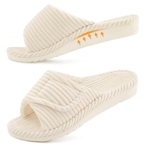 Image of Litfun Orthopedic House Slippers for Women Adjustable Arch Support Indoor Slippers Open Toe Corduroy Bedroom Shoes, Beige 6-6.5