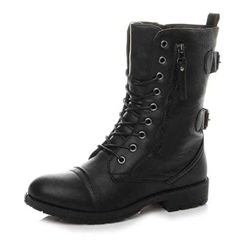 Image of Ajvani Womens Ladies Flat Low Heel Lace up Zip Combat Military Ankle Boots Size 7 UK Black Matte