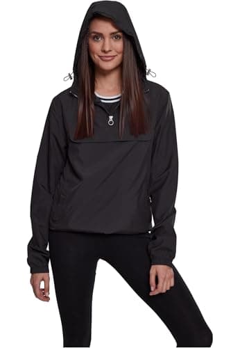 Image of URBAN CLASSICS Women's Windbreaker Jacket, Pullover Rain Jacket with Hoodie, Longsleeve Hooded Ladies Raincoat, Lightweight & Water Repellent, Colour: Black, Size: X-Large
