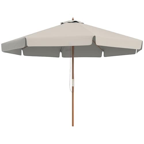 Image of Outsunny 3.3m Wooden Garden Parasol Umbrella, Outdoor Sun Shade Canopy with 8 Bamboo Ribs, Ruffles and 4.7 cm Wood Pole for Balcony Deck Yard Market Beach Pool, Grey