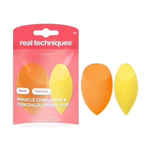 Image of Real Techniques Miracle Complexion Sponge + Concealer Sponge Duo, Makeup Blending Sponges For Foundation & Concealer, Offers Light To Medium Coverage, Natural, Dewy Makeup, Latex-Free Foam 2 Count