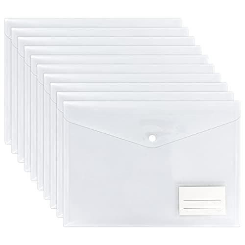 Image of Clear Plastic Wallets - 10 Pack A4 Plastic Folders Document Files Envelope - Popper Wallets with Label Pocket and Snap Button for School Office Homework Travel