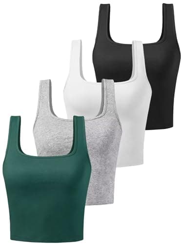 Image of BryticFlow Cotton Crop Tops for Women Tank Tops Ladies Square Neck Going Out Tops Gym Athletic Sports Shirts Exercise Undershirts 4 Pack Black/White/Grey/Dgreen M