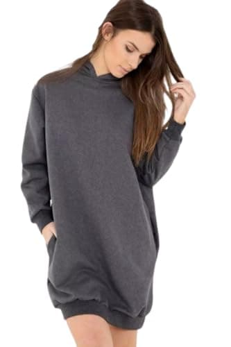 Image of Divadames Womens Black Slouchy Pocket Hooded Sweat Dress Ladies Loungewear Dress (UK, Numeric, 8, 10, Regular, Regular, Charcoal)