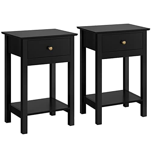 Image of Yaheetech Black Bedside Tables, 2pcs Nightstand Cabinets with Storage Drawer and Open Shelf, Wooden Sofa Side Table for Living Room/Bedroom/Small Space, 30 x 40 x 61cm