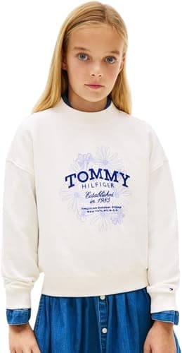 Image of Tommy Hilfiger Girl's TOMMY FLOCK FLOWER CREW NECK KG0KG08992 Pullover Sweatshirt, WHITE (Ancient White), 4 Years