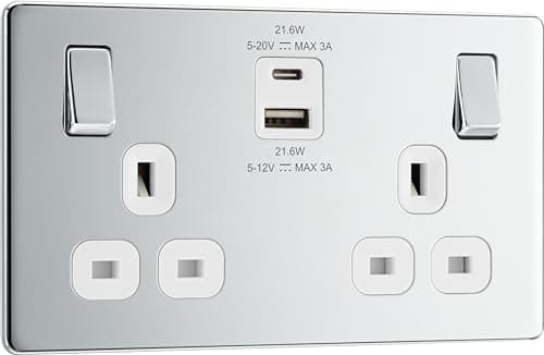 Image of BG Electrical 22W Double Switched Power Wall Plug Socket with Fast Charge Type A and C USB Ports, Screwless, Flatplate, Polished Chrome, White Inserts, 13A, FPC22UAC22W