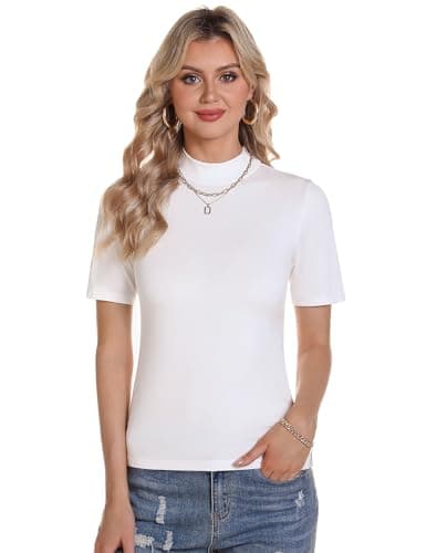 Image of Totatuit Women's Summer T-Shirts Short Sleeve Elegant Turtleneck T-Shirt Casual Turtleneck Basic Pullover Slim Fit Soft Sexy White S