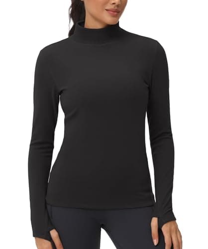 Image of THE GYM PEOPLE Women's Mock Turtleneck Long Sleeve Shirts Fleece Thermal Underwear Pullover Tops with Thumb Hole Black