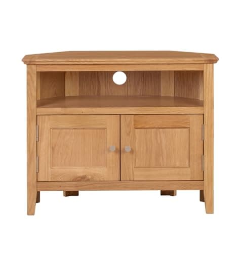 Image of Hallowood Furniture Hereford Oak Small Corner TV Unit with with Cable Hole & Storage Cupboard, 2-Door Solid Wooden Light Oak TV Stand Cabinet with 1 Shelf, Corner Unit for Living Room or Bedroom