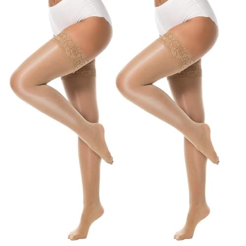 Image of MANZI Shiny Thigh High Stockings Sexy Hold Ups Stockings Silky Sheer Lace Top Stocking for Women Natural L-XL