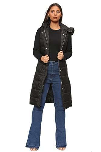 Image of Parsa Fashions WOMENS LADIES LONG LINE HOODED PUFFER GILET JACKET COAT PADDED VEST TOP BODY WARMER Sizes Small to 3XL (as8, alpha, one_size, regular, regular, Black, L)