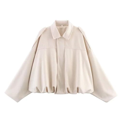 Image of Beige Women's Bomber Jacket Pilot Bomber Jackets Long Sleeve Oversized Streetwear - Faux Suede, Batwing Sleeves, Full Zipper & Buckle Closure M