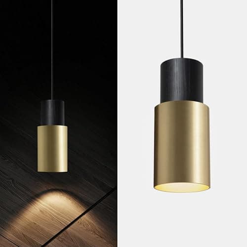 Image of ouglres Black Gold Industrial Cylinder Hanging Lamp, 1 Flame Wood, Kitchen Island Pendant Light, Aluminium Lampshade, Vintage E27 for Bedroom, Dining Room, Bar, Adjustable Height