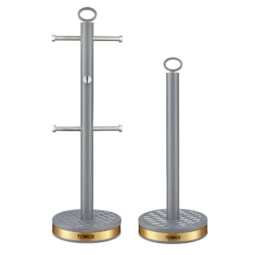 Image of Tower Empire Mug Tree and Towel Pole Set, Stainless Steel, Anti-Slip, Grey and Brass