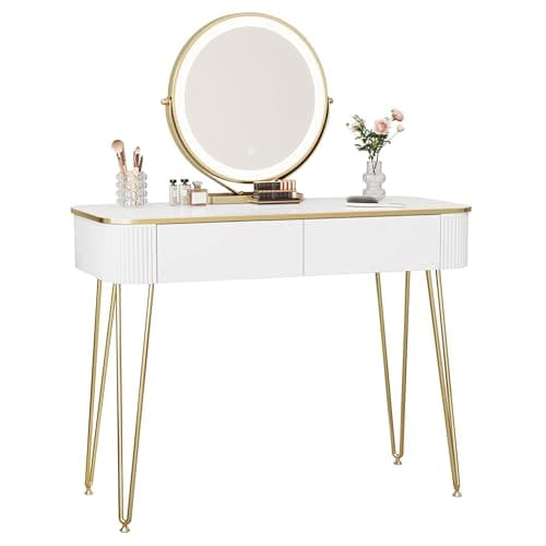 Image of EUGAD Dressing Table with LED Lights Mirror, Adjustable Brightness, Vanity Desk with 2 Drawers, White Makeup Desk, Golden Metal Legs, 100x40cm Top, Modern Bedroom Furniture, 0057SZT