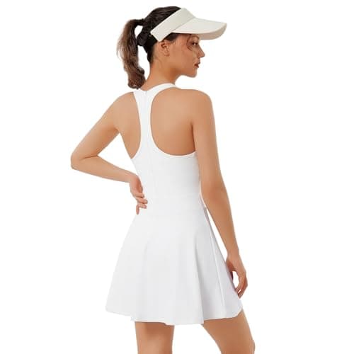 Image of Bezioner Golf Dresses for Women Tennis Dress with Built in Shorts and Bra Sleeveless Pickleball Outfits Zipper Racerback Workout Dress White S