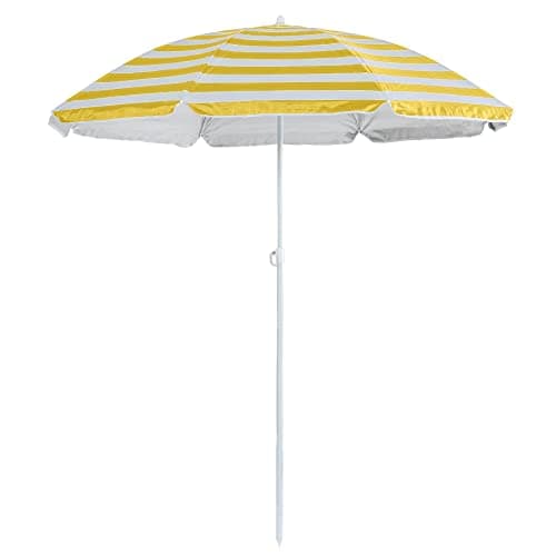 Image of Harbour Housewares Yellow Striped Beach Parasol with Push-Lock System - 1.74 x 1.93m - UPF 50+ Portable Garden Umbrella Lightweight UV Sun Protection Umbrella for Picnics, Garden and Beach Days