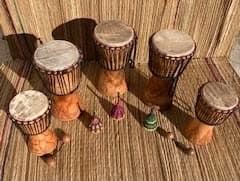 Image of 5 Djembe Drum Pack for Schools. 3 x 9" djembe, 2 x 7" djembe plus free shakers