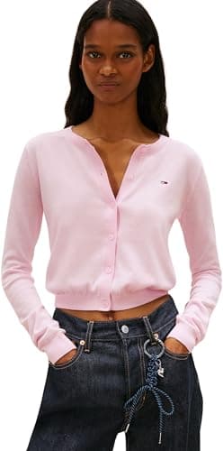 Image of Tommy Jeans Women's Tjw Essential Crew Neck Cardigan Dw0Dw20976 Sweater, Pink (Pearly Pink), M