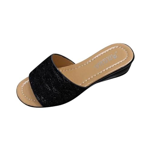 Image of KUIH Wedge Sandals for Women Glitter Sandals Open Toe Slip On Sliders Orthopedic Sliders Summer Walking Slider Leather Slippers Wide Fit Platform Slippers Holiday Flip Flops