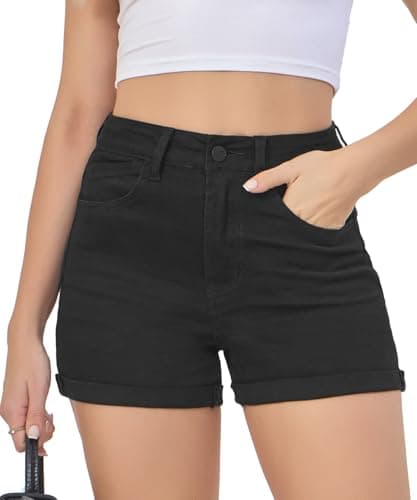 Image of VIPONES Women Denim Shorts High Rise Trendy Stretch Frayed Summer Casual Jean Shorts, Black, 14