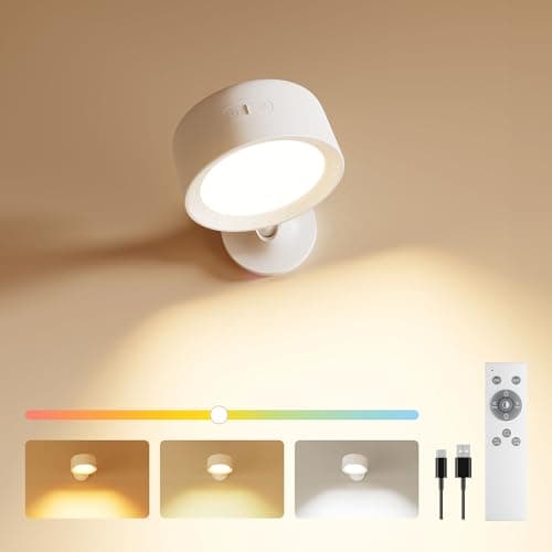 Image of FULEN Wall Lights, Led Wall Lamp with 18 RGB Colors, 8000mAh Rechargeable Battery Operated, Touch and Remote Control,Dimmable Wireless Wall Sconces for Bedroom Indoor, 360° Rotation, White-1 Pack