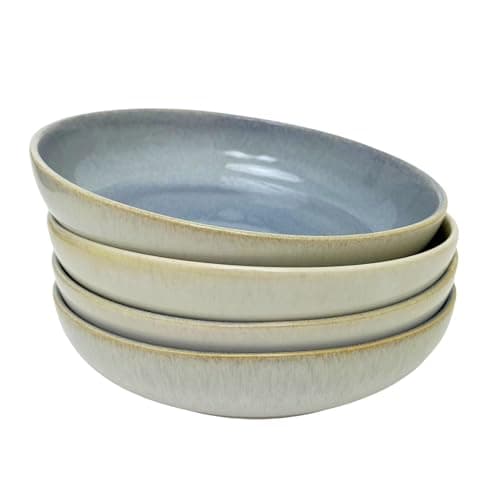 Image of Carousel Home Set of 4 Light Blue Stoneware Deep Plates, 22cm Reactive Glaze Pasta Bowls, Shallow Kitchen Dishes