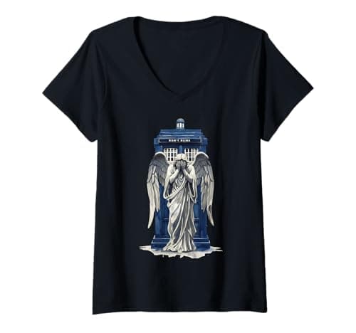 Image of Womens Weeping Angel with Blue Police Box 1 - Fan Fun V-Neck T-Shirt