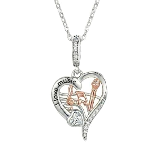 Image of Parus Home Microphone Necklace 925 Sterling Silver Rose Gold Singer Heart Pendant – Personalised Gift for Daughter Vocalist Karaoke Choir I Love Music