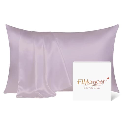Image of Ethlomoer Natural Pure Silk Pillowcase for Hair and Skin, Both Side 19mm, Hypoallergenic, 600 Thread Count, Smooth Silk Pillow case with Hidden Zipper, Gifts for Women Men, 50x75 cm (Lavender)