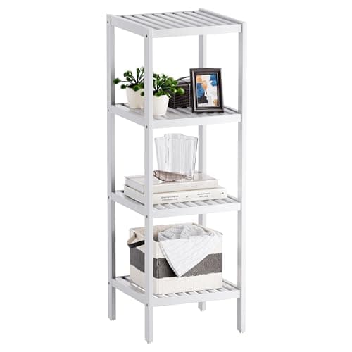 Image of SMIBUY Bathroom Storage Shelf, 4-Tier Bamboo Rack Organizer, Multifunctional Shelving Unit for Living Room Bedroom Kitchen (White)