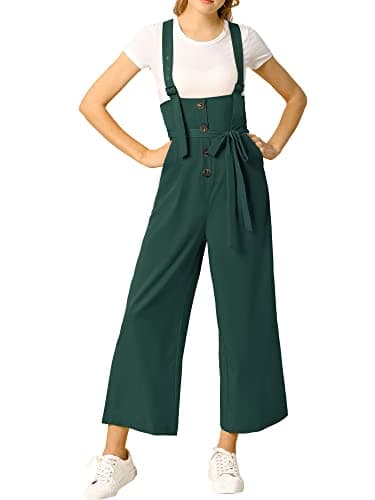 Image of Allegra K Women's High Waist Wide Leg Belted Jumpsuit Button Long Overalls Dark Green XXL