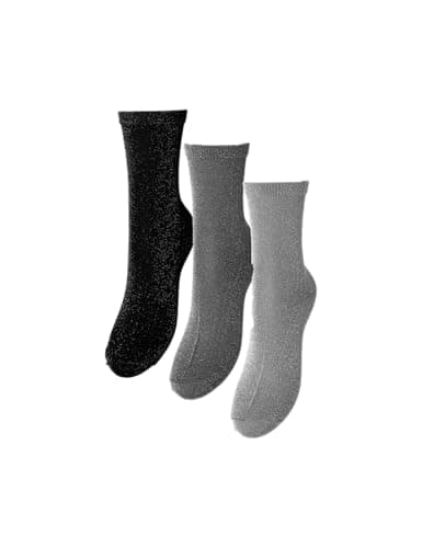 Image of PIECES Women's Pcshirley Glitter Socks, Pack of 3, Dark Grey Melange/Pack:Lunar Rock/Lurex-Black/Lurex, One Size