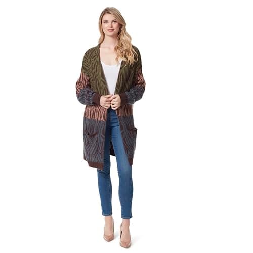 Image of Jessica Simpson Women's Blaise Jacquard Cardigan Sweater with Patch Pockets Standard, Tinted Zebra - Bracken, M