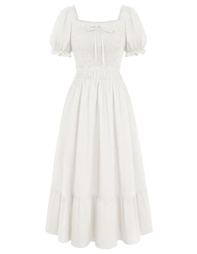 Image of SCARLET DARKNESS Womens Renaissance Dress Elastic Waist Maxi Smocked Dress Square Neck Short Sleeve Flowy A-Line Dresses White XL