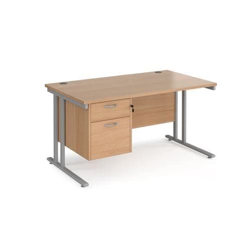 Image of Office Monster Cooper straight desk 1400mm x 800mm with 2 drawer pedestal - silver cantilever leg frame, beech top