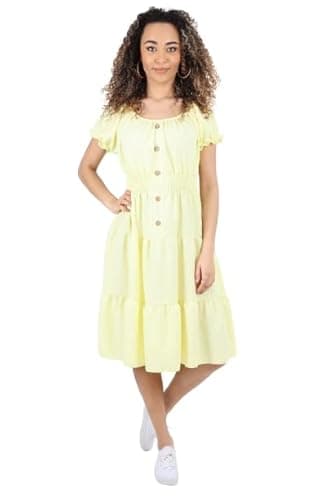 Image of AFR® Women’s Italian Off Shoulder Tiered Flowy Midi Dress - Ladies Summer Party Wear Elasticated Shirred Waist Short Sleeve Bardot Dresses (Pale Yellow, One Size)