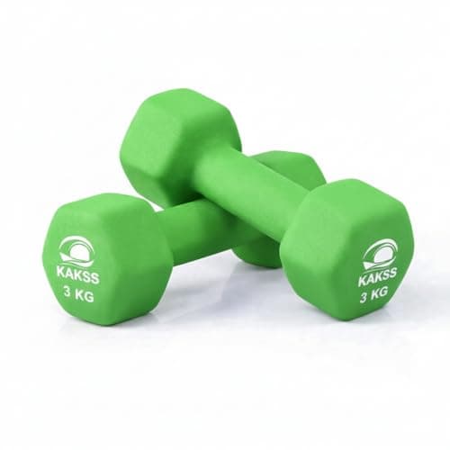 Image of KAKSS Neoprene-Coated Cast Iron Dumbbells Set, 3kg Pair (2 x 3kg) Green Hex Gym Weights with Non-Slip Grip, Color Coded Hand Weights for Women and Men Home Workout, hexagonal neoprene-coated