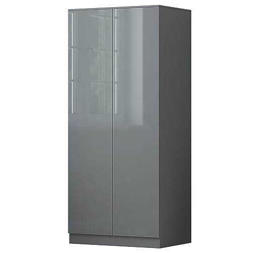 Image of FWStyle Matt Grey 2 Door Wardrobe with Grey Gloss Doors, Scandinavian Modern Bedroom Storage Furniture with Push to Open Handleless Design and Soft Close Hinges, W80 x H180 x D60cm