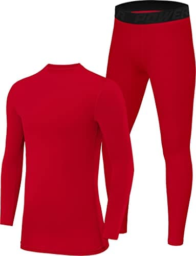 Image of PowerLayer Skins for Boys Kids Base Layer Thermal Long Sleeve Top & Tights Football Compression Set - High Risk Red Top + High Risk Red Tights, 8-10 Years
