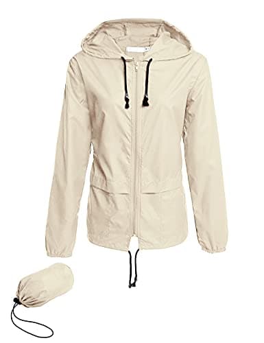 Image of Lomon Raincoat Women Ladies Lightweight Rain Jacket Waterproof Summer Packable Running Hooded Breathable Long Sleeve Rain Coats for Women Beige L