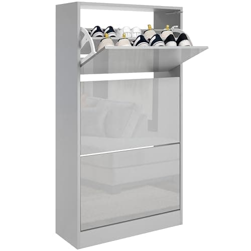 Image of Blisswood High Gloss 3 Drawer Shoe Cabinet Cupboard, Shoe Storage Organiser Freestanding 3 Tier Wooden Shoes Rack Cabinet Modern Footwear Stand For Hallway, Living Room Furniture (Light Grey)