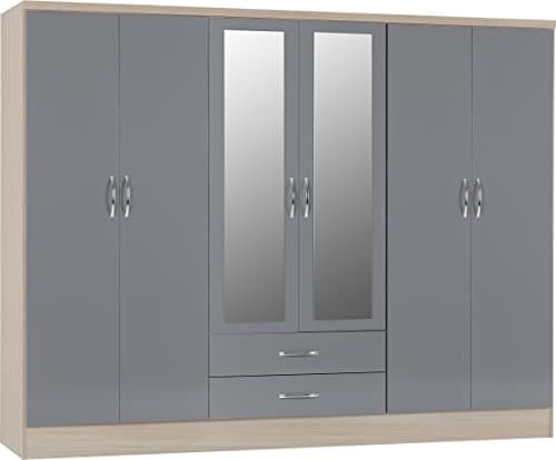 Image of Seconique Nevada 6 Door 2 Drawer Wardrobe in Grey Gloss/Light Oak Effect Veneer, 230 x 52 x 182.5 cm