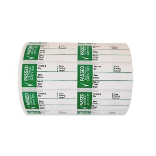 Image of iSigns Pat Testing Stickers (Pass) – 250 Self-Adhesive Vinyl Pat Test Labels on a Roll (35 x 15mm) – Write-On Appliance Inspection Labels – UK Safety Sign Manufacturer Since 1994