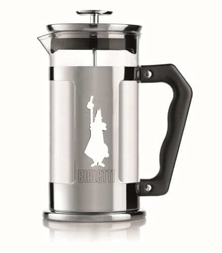 Image of Bialetti Preziosa coffee press, French press filter for coffee or tea, stainless steel body and borosilicate glass container, dishwasher safe, 350 ml, for 3 cups