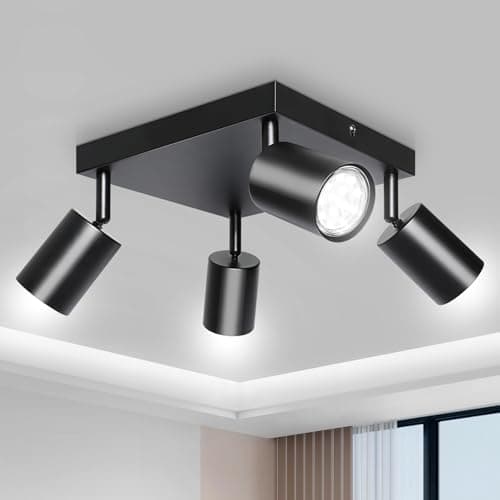 Image of Smanu 4 Way Ceiling Spotlight Square, GU10 Kitchen Ceiling Light Fittings, Modern Rotatable Spotlights Black, Industrial Ceiling Spots Adjustable for Bedroom Living Room Hallway, Bulbs Not Included