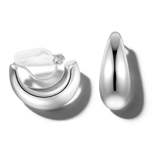 Image of Silver Clip On Earrings for Women, Trendy Non Pierced Earrings Silver Chunky Small Huggie Hoops for Women Jewelry Gift (Silver)