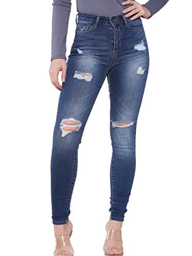Image of 989Zé ENZO EZL417 Womens Jeans Skinny Stretch Ripped Trousers Ladies Denim Slim Fit Pants with Rips Waist Sizes UK 8-20 (16, Blue)
